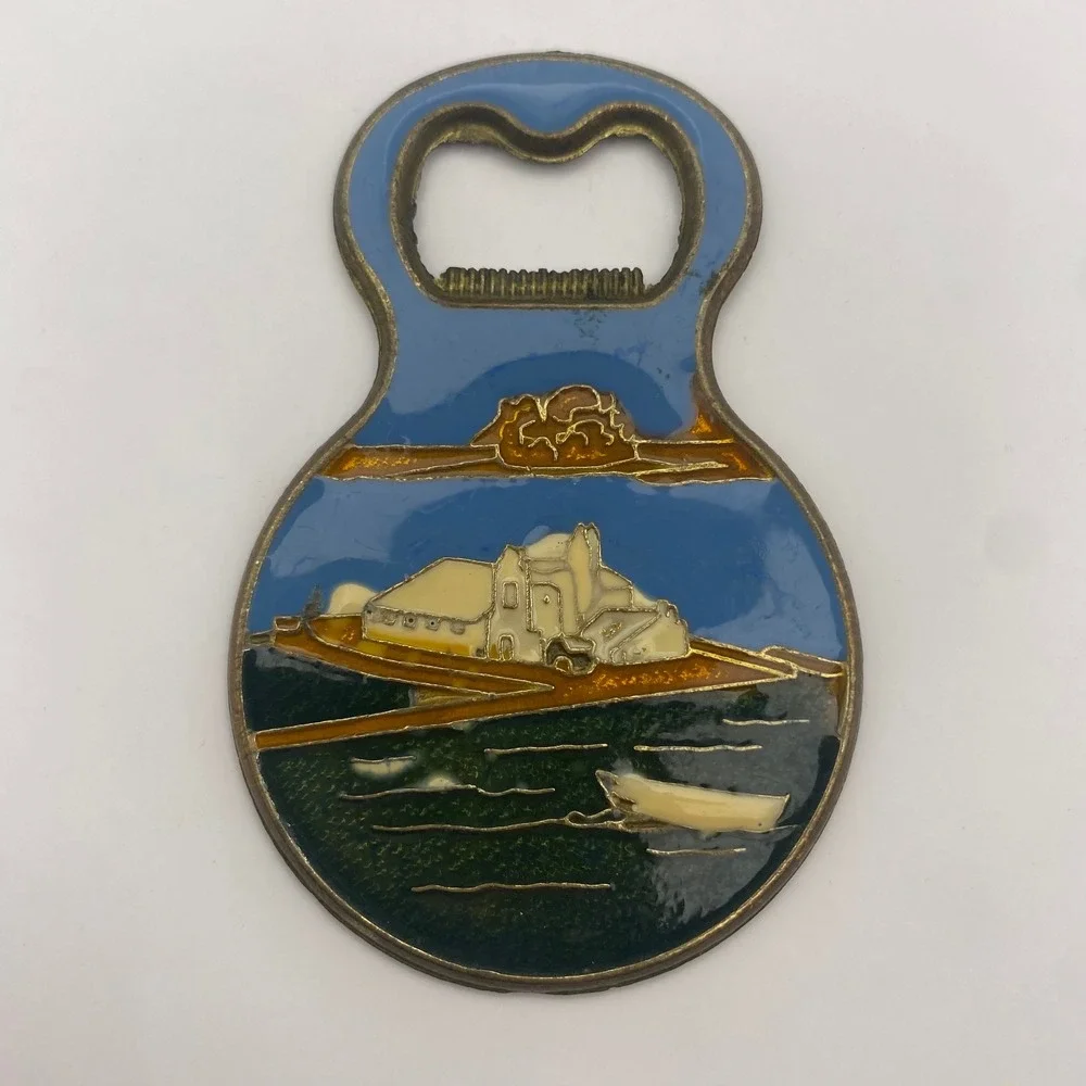 Vintage Viking Ship Coastal Scene Enamel Bottle Opener Double Sided Nautical Bar